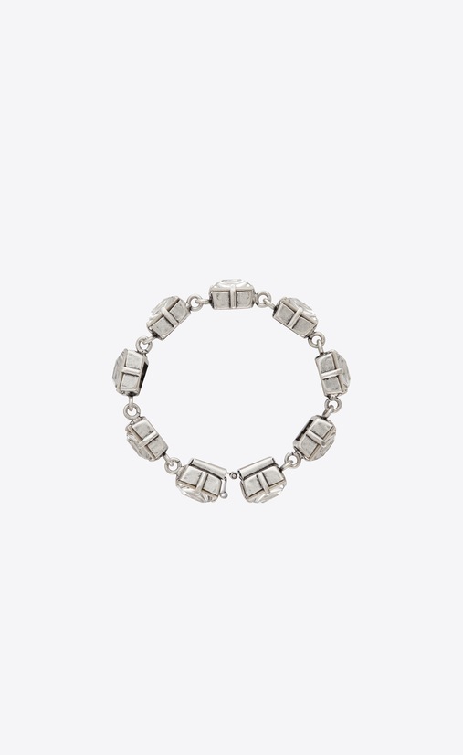 SAINT LAURENT Bracelets Damen SMOKING Oversize-Tennisarmband aus silberfarbenem Metall mit weißen Kristallen a_V4